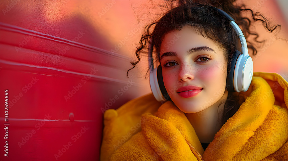 Poster A young woman in headphones enjoys music, wrapped in a cozy yellow blanket.