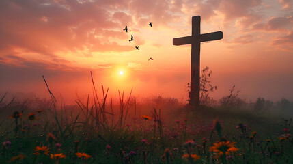 Silhouette cross and birds flying in autumn sunrise