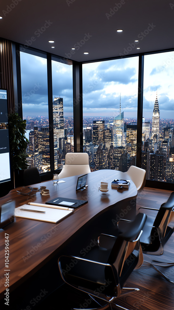 Poster modern office with skyline view a perfect blend of style and functionality in a corporate environmen