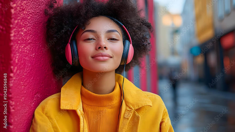 Poster Young woman with headphones enjoying music in a colorful urban setting.