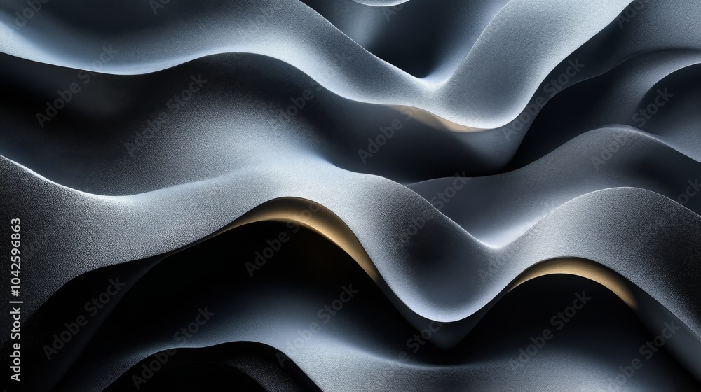 Poster Soft curves and shadows of a textured surface create an abstract representation of waves, resembling fluid motion against a dark background.