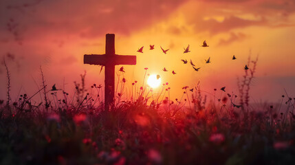 Silhouette cross and birds flying in autumn sunrise
