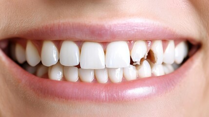 Fototapeta premium Split view of patient s teeth before with severe damage and after with new dental crowns, severe teeth damage fix, before and after dental crowns