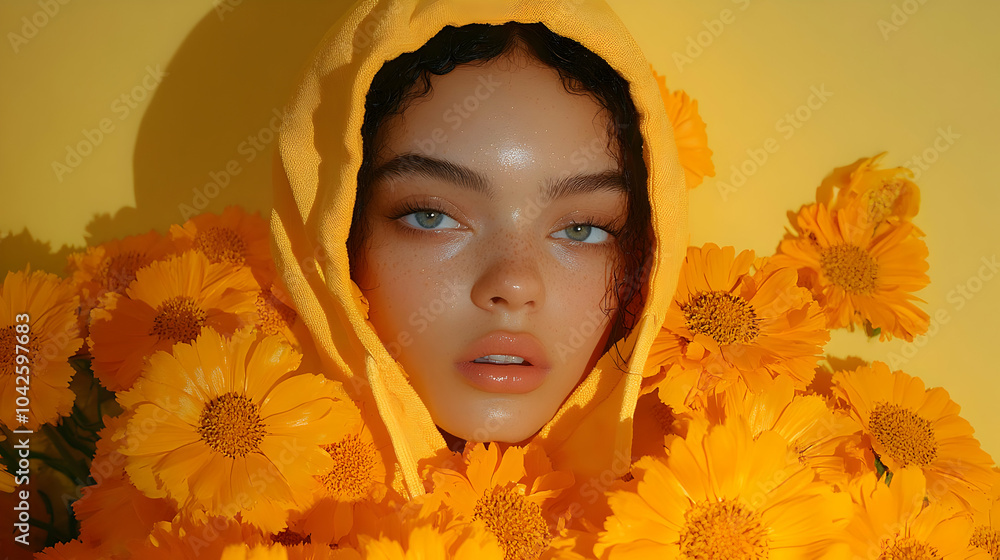 Canvas Prints A portrait of a person surrounded by vibrant yellow flowers.