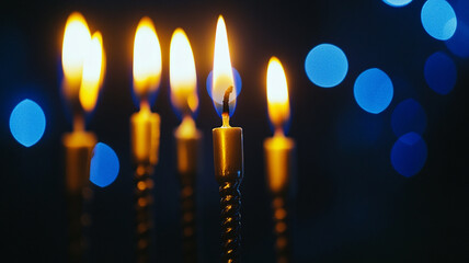 Candles glowing brightly during Hanukkah celebrations in a cozy room filled with festive decorations