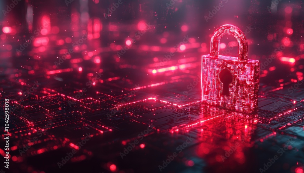 Poster Red Glowing Padlock on a Circuit Board