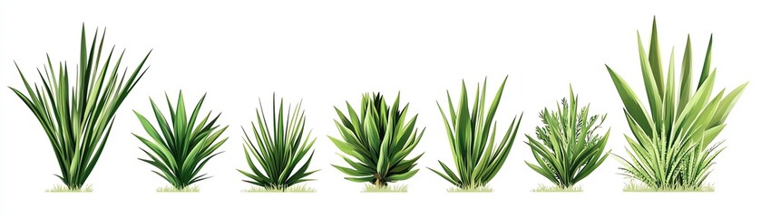 A variety of agave plants displayed on a white isolated background.