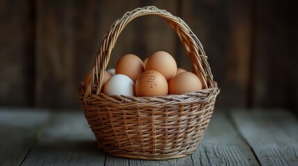 Organic Eggs in Rustic Basket on Wooden Table