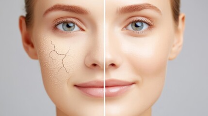 Dry, flaky skin transforming into moisturized, supple skin after hydration routine, skincare transformation