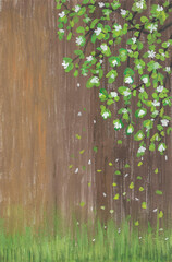 Acrylic painting of white flower branch with grass, rain on brown background. illustration for flower garden and springtime. greeting card. copy space for text. Hand painted texture style. vertical © Chitraporn