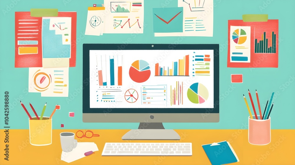 Poster data analysis desk with charts graphs and computer