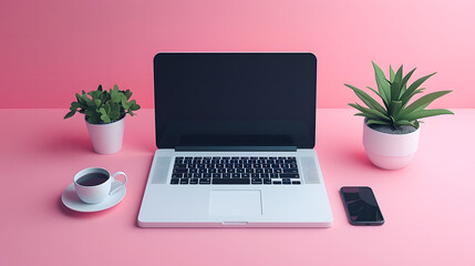Fototapeta premium sleek flatlay with a laptop, a small plant and a coffee cup. Minimalist and photorealistic style, PINK palette, modern