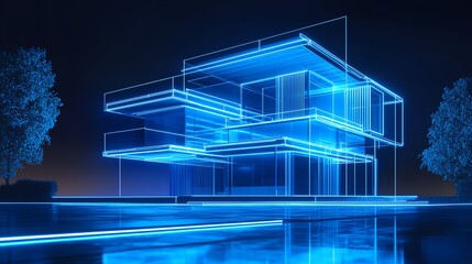Obraz premium Modern architectural design with blue lighting and transparent structures.