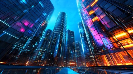 Obraz premium Futuristic city skyline with illuminated skyscrapers and vibrant lights.