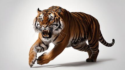 A majestic tiger with striking stripes on a white background, showcasing the beauty and power of this wild feline.