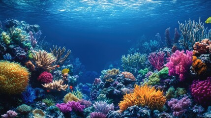 Fototapeta premium Vibrant coral reef underwater with colorful fish and sunlight.