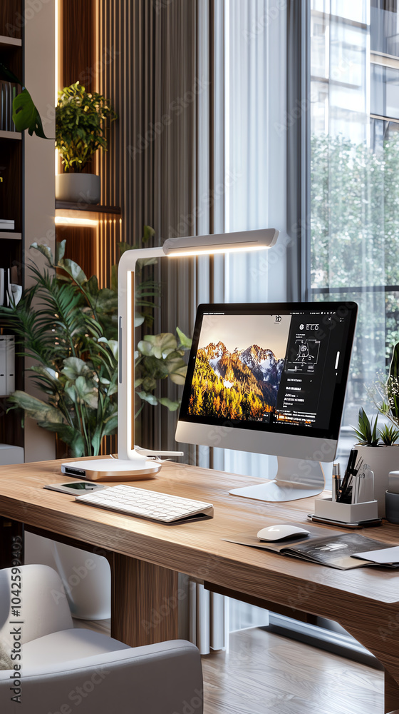 Aufkleber modern workspace with natural elements a sleek desk setup featuring a computer and lush greenery