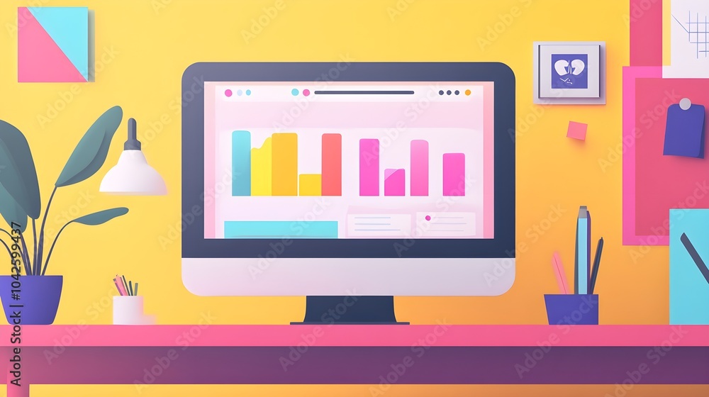 Poster modern office desk with computer graphs and colorful decor