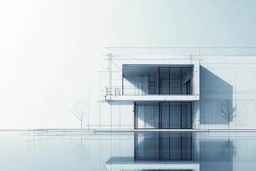 Modern architectural design with clean lines and reflections in a serene environment.