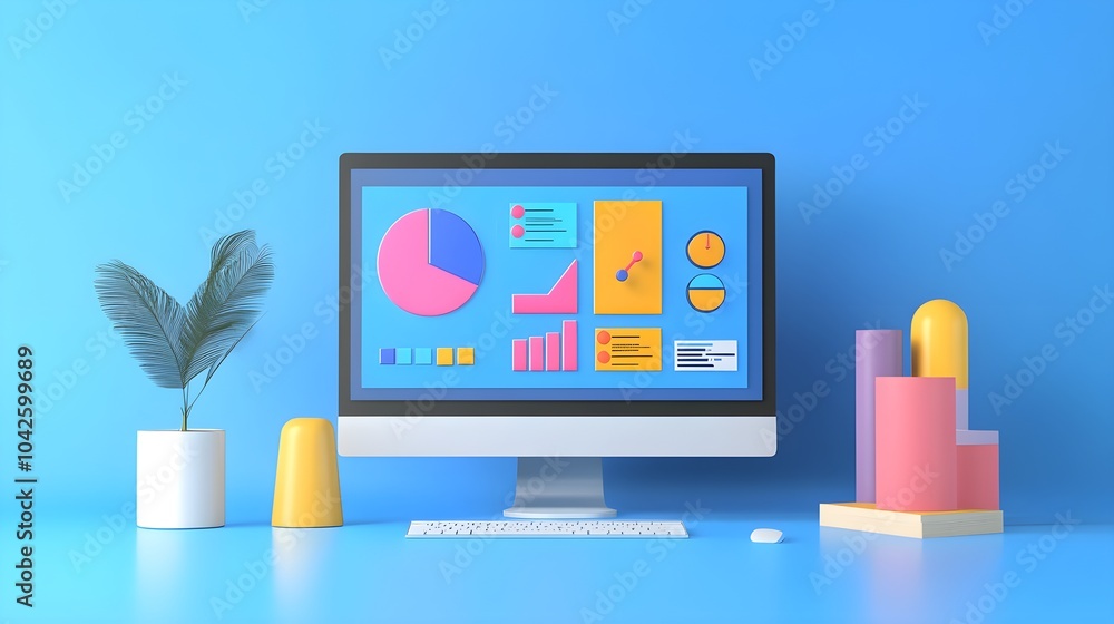 Poster colorful 3d charts and graphs on computer screen with keyboard and mouse