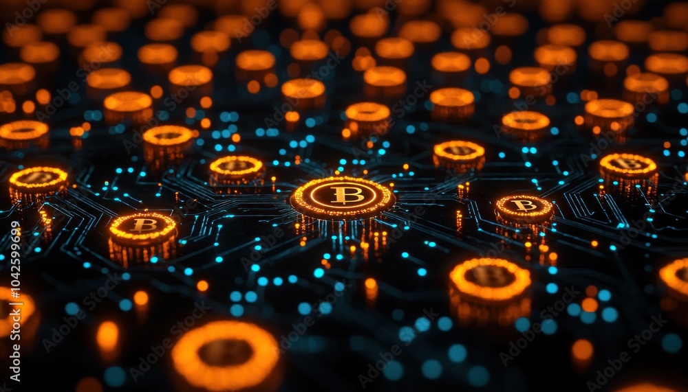 Poster illuminated bitcoin symbol on a circuit board