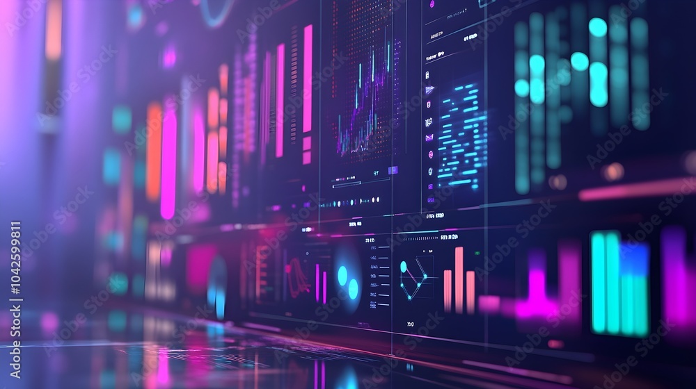 Poster neon data analytics dashboard with charts and graphs