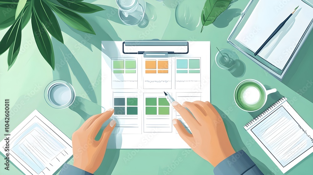 Poster top view of hands working on website design and planning with green theme