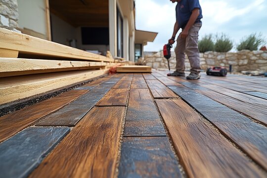 Construction worker installing wooden deck flooring