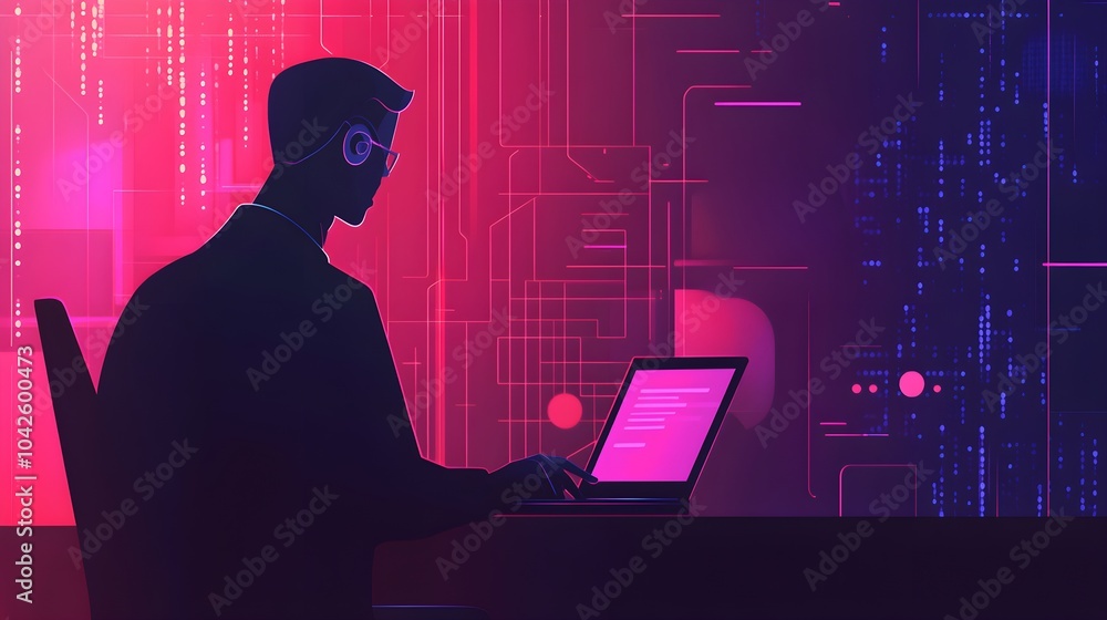 Poster silhouette of programmer working on laptop in neon glow