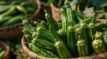 Obraz premium Fresh Green Okra in a Basket