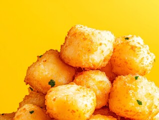 Close-Up of Crispy Fried Cheese Curds on Yellow Background - Food of Golden Brown Nugget Snacks
