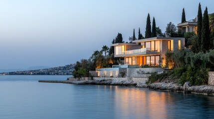 Obraz premium Serene Coastal Property with Bright Lighting at Dusk