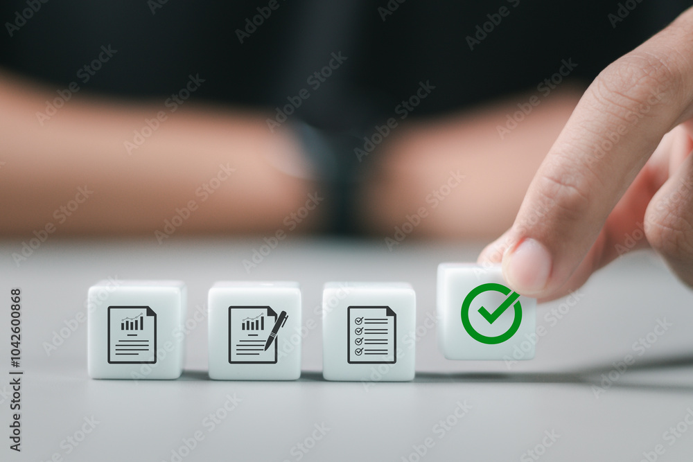 Poster person arranging wooden blocks with approve document icon for business process workflow illustrating