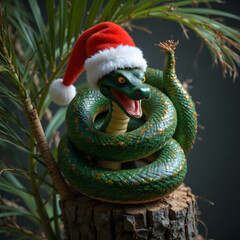 Fototapeta premium Festive green snake with santa hat coiled on tree stump amidst tropical leaves