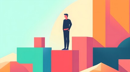 Minimalist Man Standing On Geometric Shapes Illustration