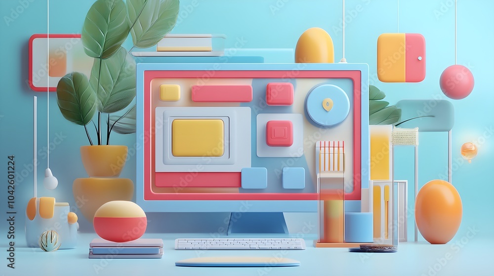 Poster colorful 3d rendered desktop with computer monitor keyboard and abstract objects