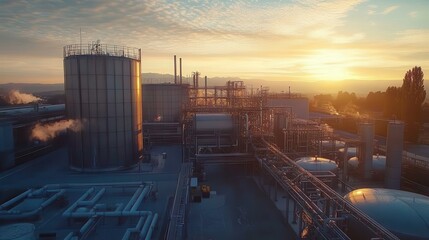 Industrial Facility with Large Cylindrical Tanks at Sunset