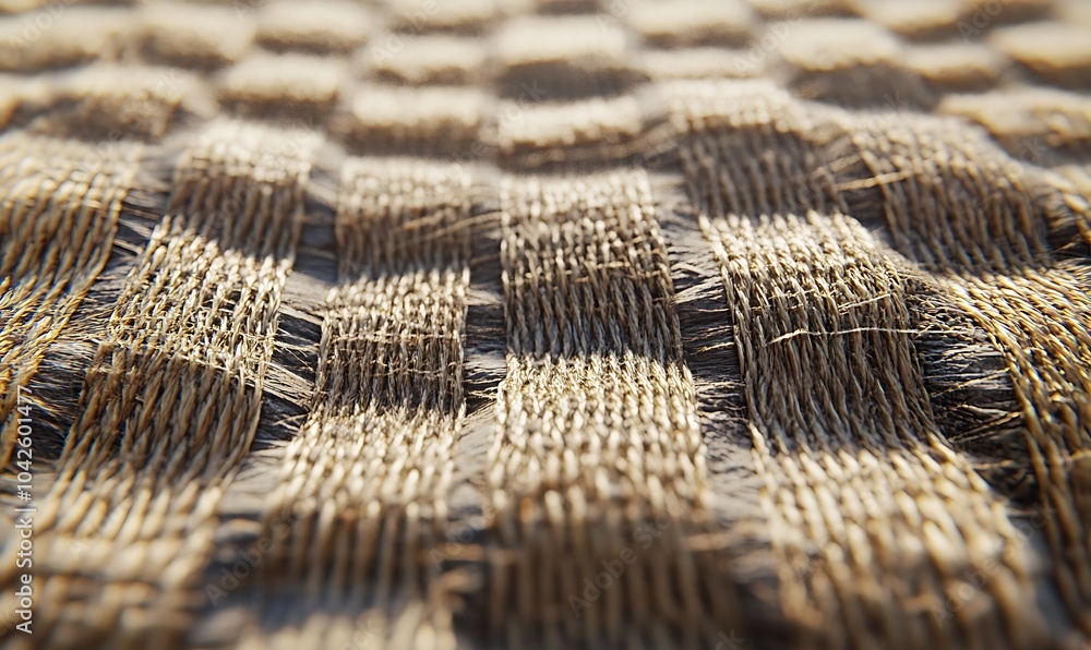 Poster close-up of textured fabric, showcasing intricate woven patterns with natural fibers, conveying warm
