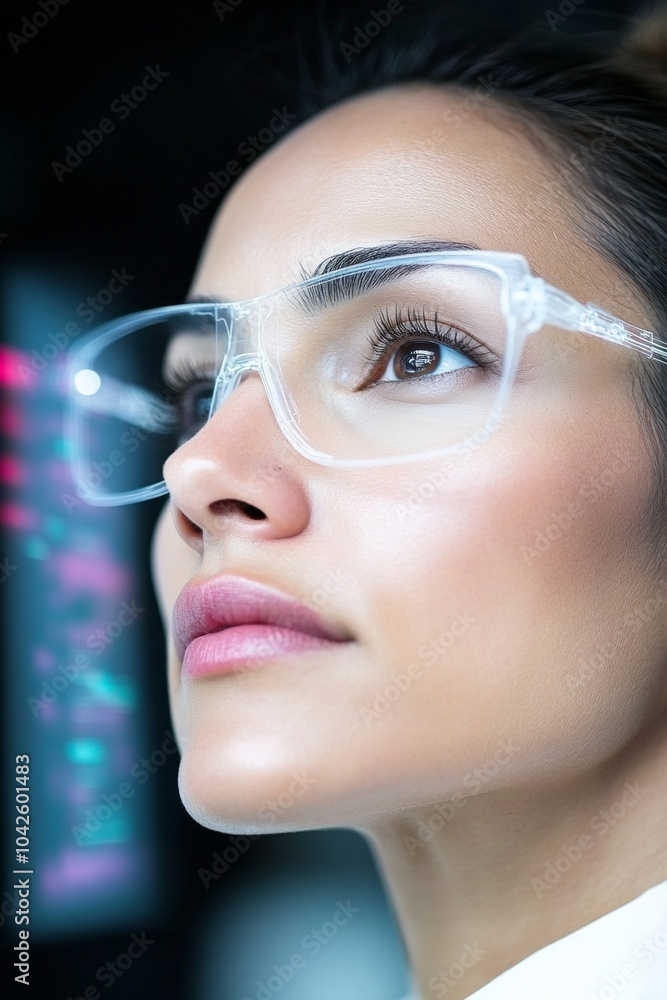 Poster Focused Indian Female Scientist Analyzing Data on High-Tech Holographic Display at Night