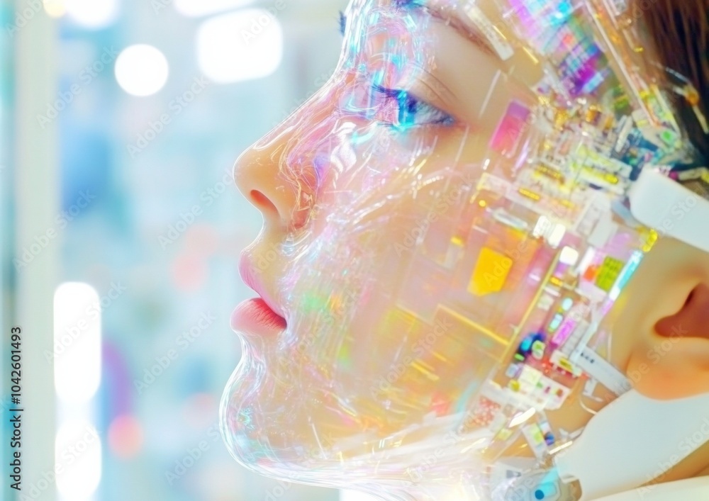 Poster abstract tech lab scene featuring engineer assembling ai robot with futuristic design, afternoon lig