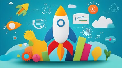 Fototapeta premium 3D Rocket Launch Startup Success Business Growth Concept