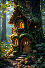 Obraz premium Enchanted forest fairy house nestled in mossy tree trunk with glowing windows