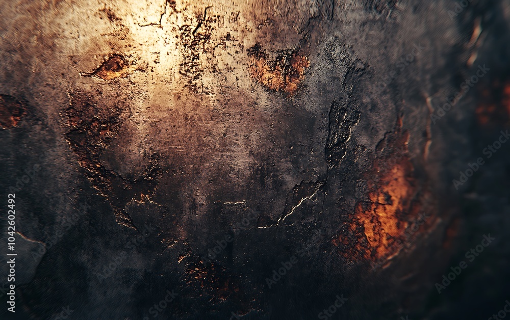 Poster a textured surface with a mix of dark hues and warm glowing elements, resembling a cosmic or abstrac
