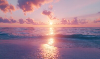 Obraz premium A serene sunset reflects on a calm ocean, with pastel clouds and gentle waves creating a tranquil beach atmosphere.