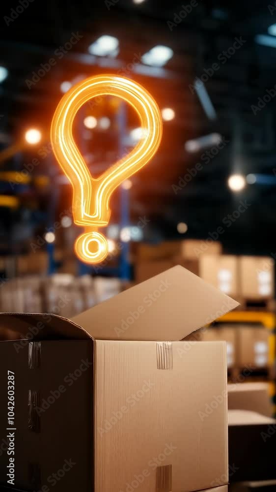 Poster curiosity and uncertainty an open cardboard box in warehouse with glowing question mark, exploring i