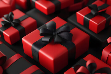 Red and black ribbon wrapped around Christmas gifts, 3D illustration