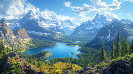 Fototapeta premium Majestic Mountain Lake with Snow-Capped Peaks