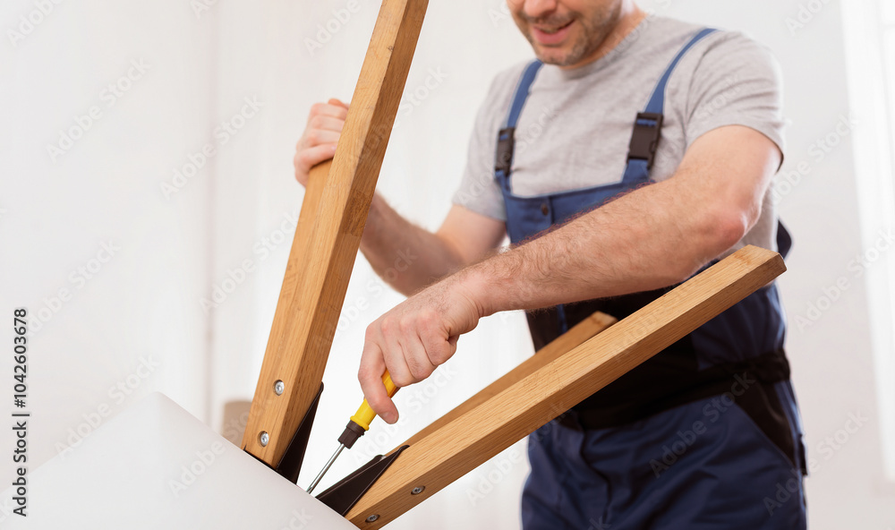 Poster furniture repair. repairman assembling table using screwdriver working standing indoors. selective f