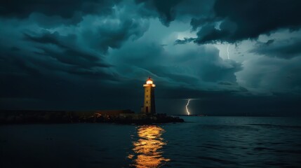 Naklejka premium Illuminated Lighthouse Against Stormy Night Sky