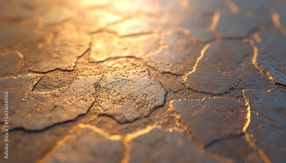 Poster a textured surface showing cracking patterns illuminated by warm light, creating a visually striking